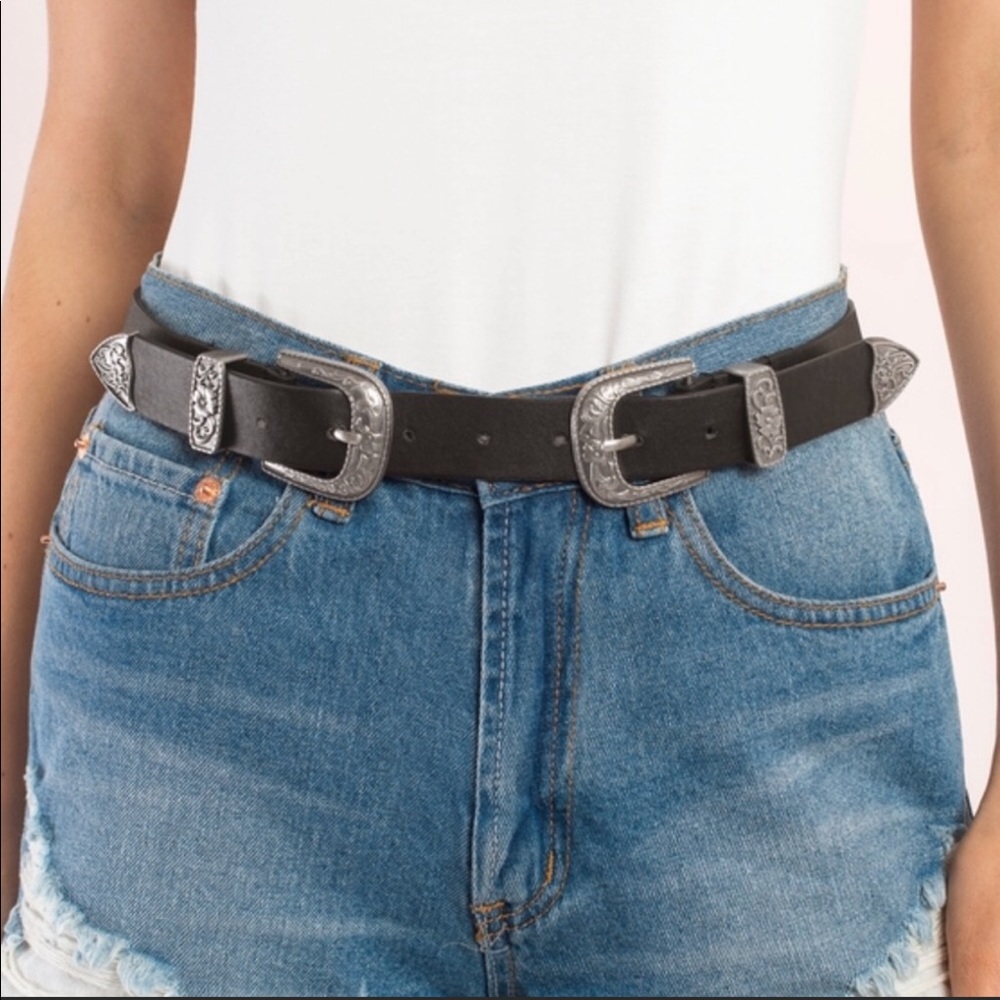 Black double buckled leather belt